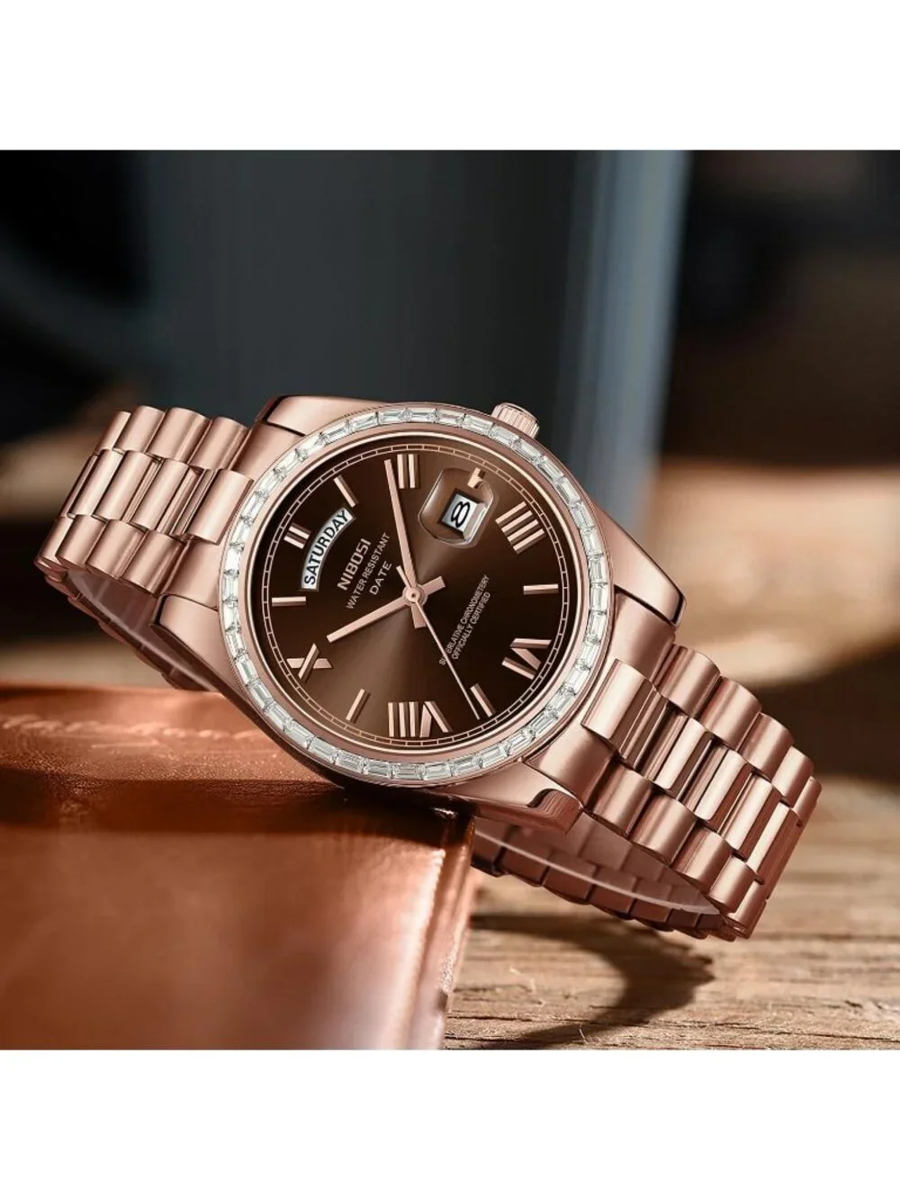 Nibosi Men's Rose Brown Analog Quartz Diamond Bezel Stainless Waterproof Watch